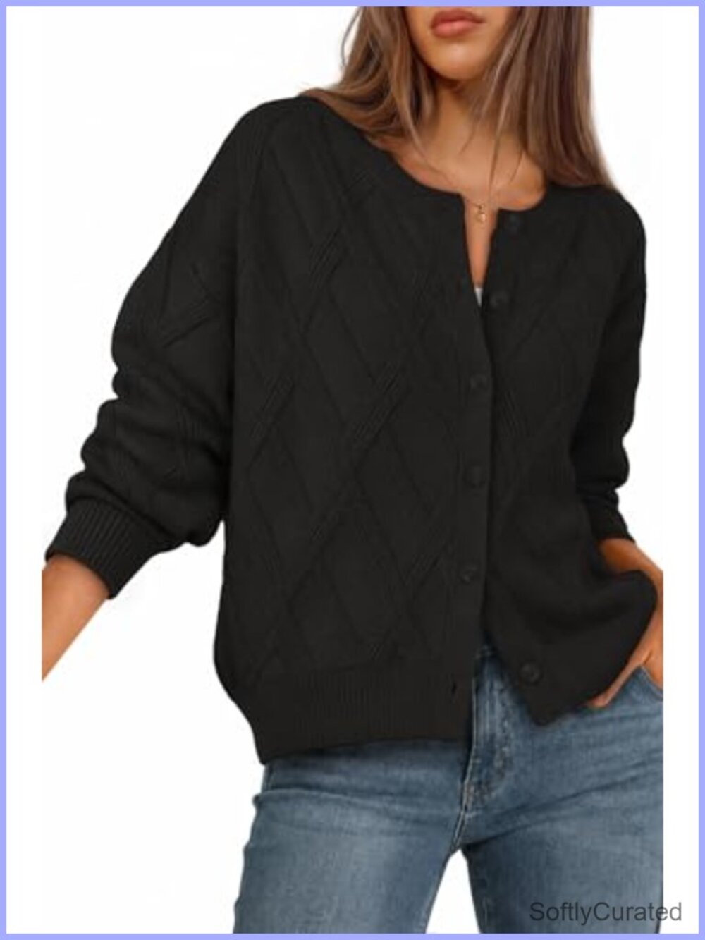 Cable Knit Button Down Cardigan Sweater Women's Crew Neck Lantern Sleeve